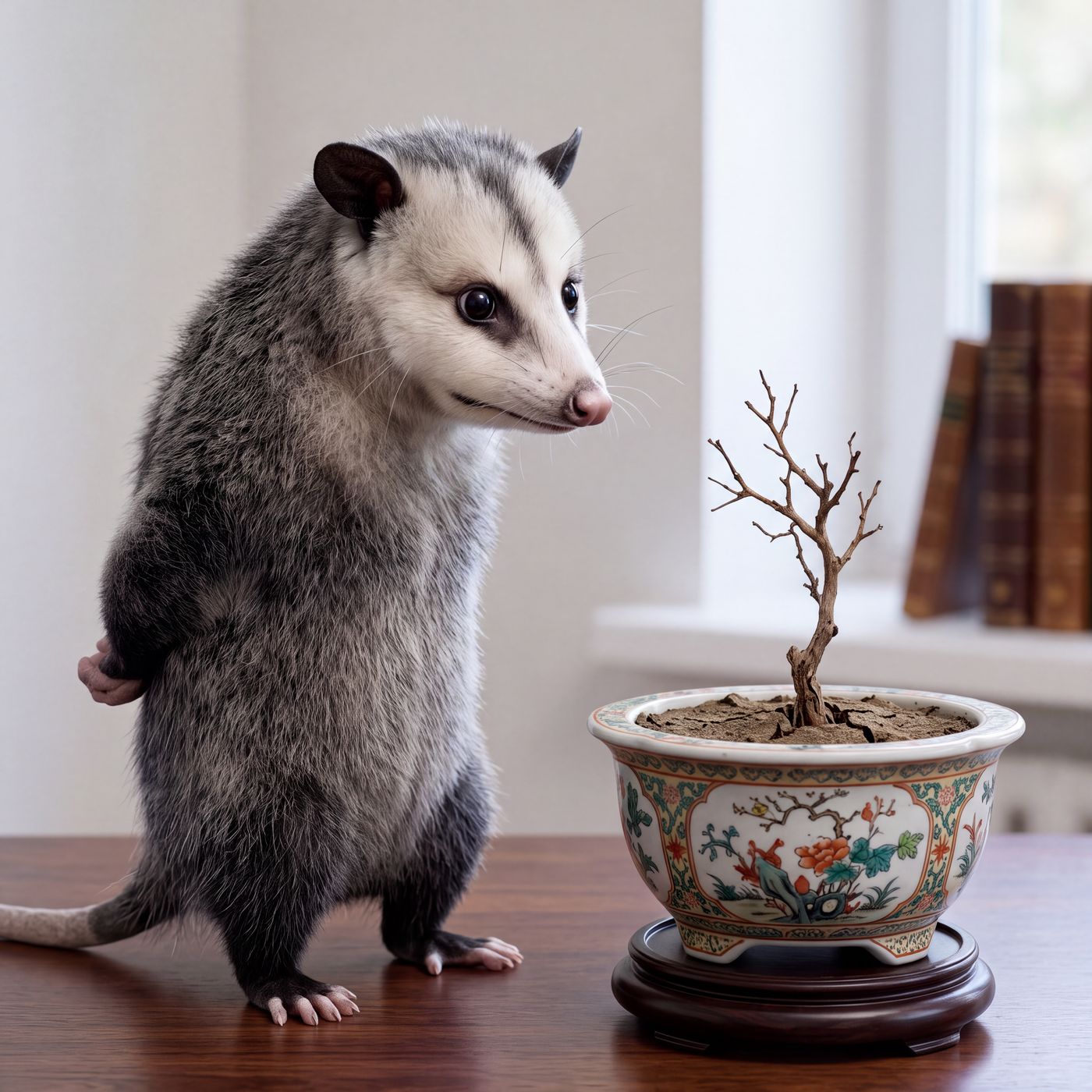 An opossum quietly inspecting a bonsai tree