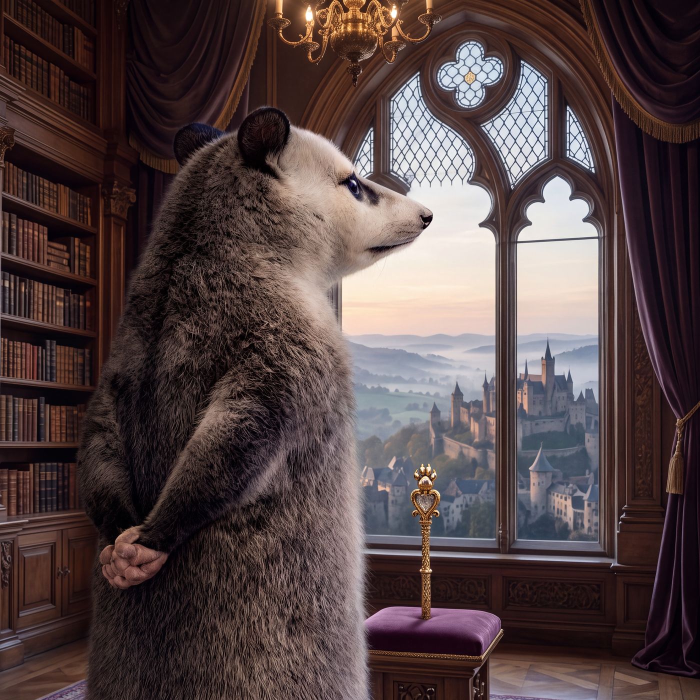 An opossum standing at a tall window in a panelled room