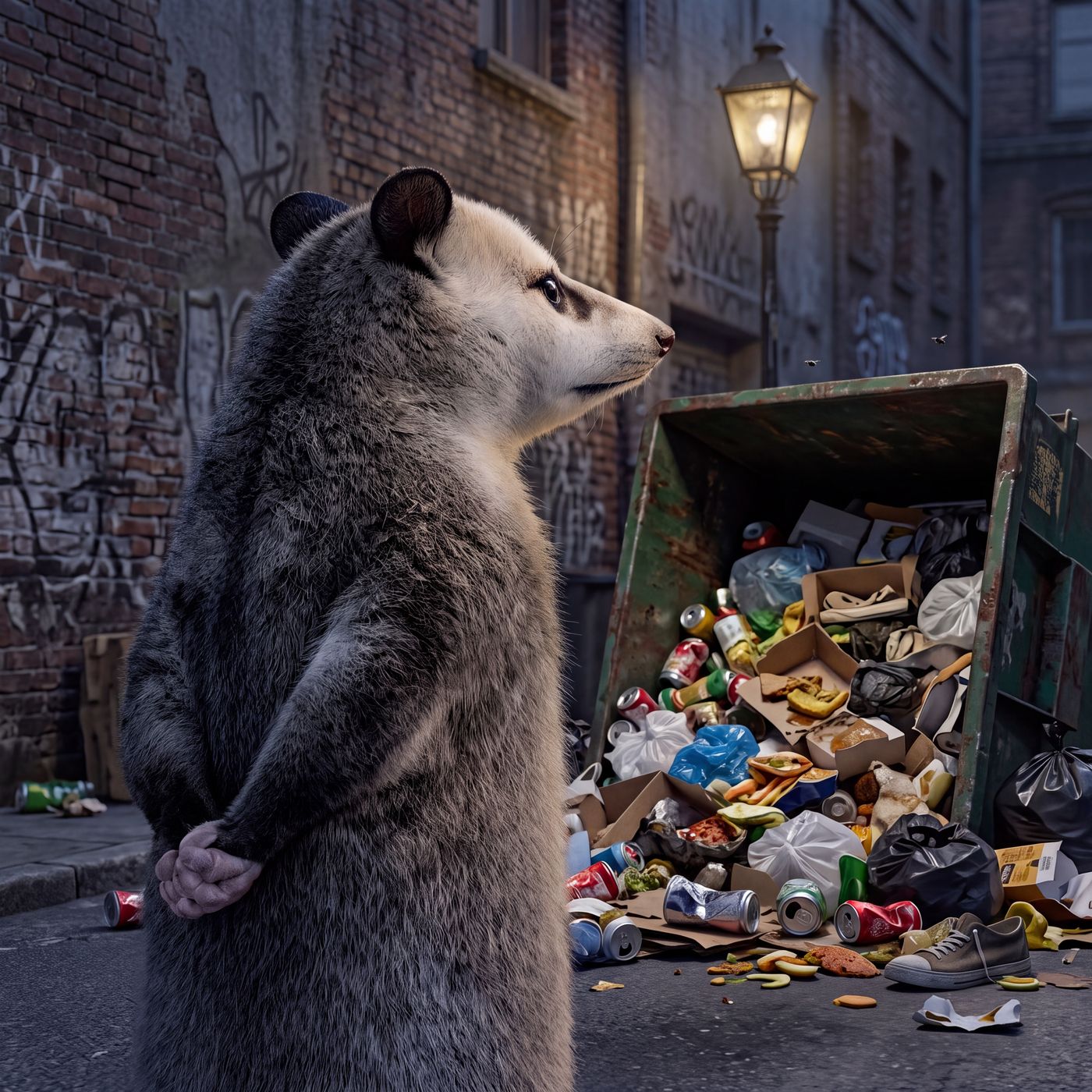 Opossum beside a dumpster