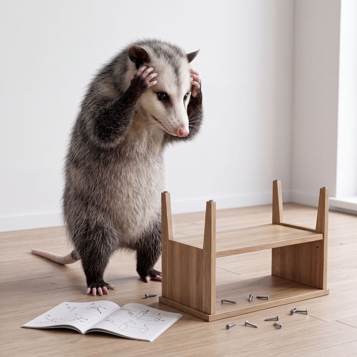 Opossum assembling flat-pack furniture