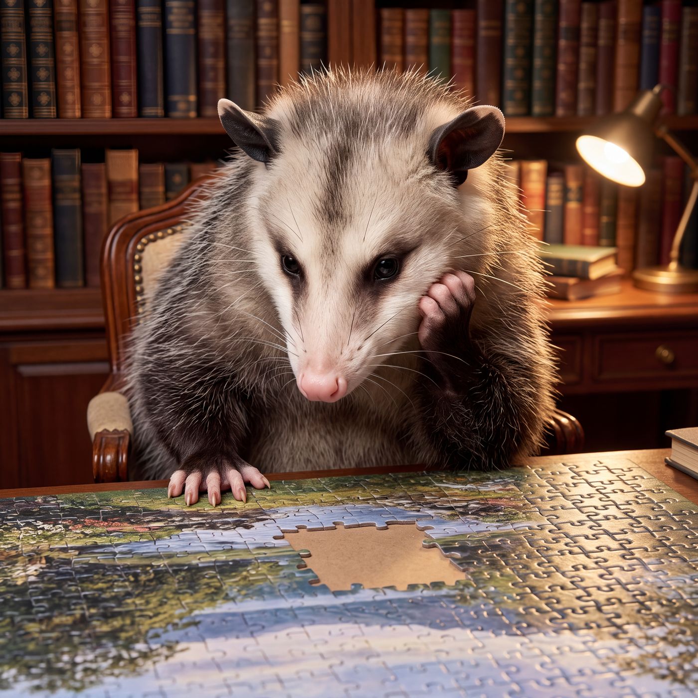 Opossum at a jigsaw puzzle