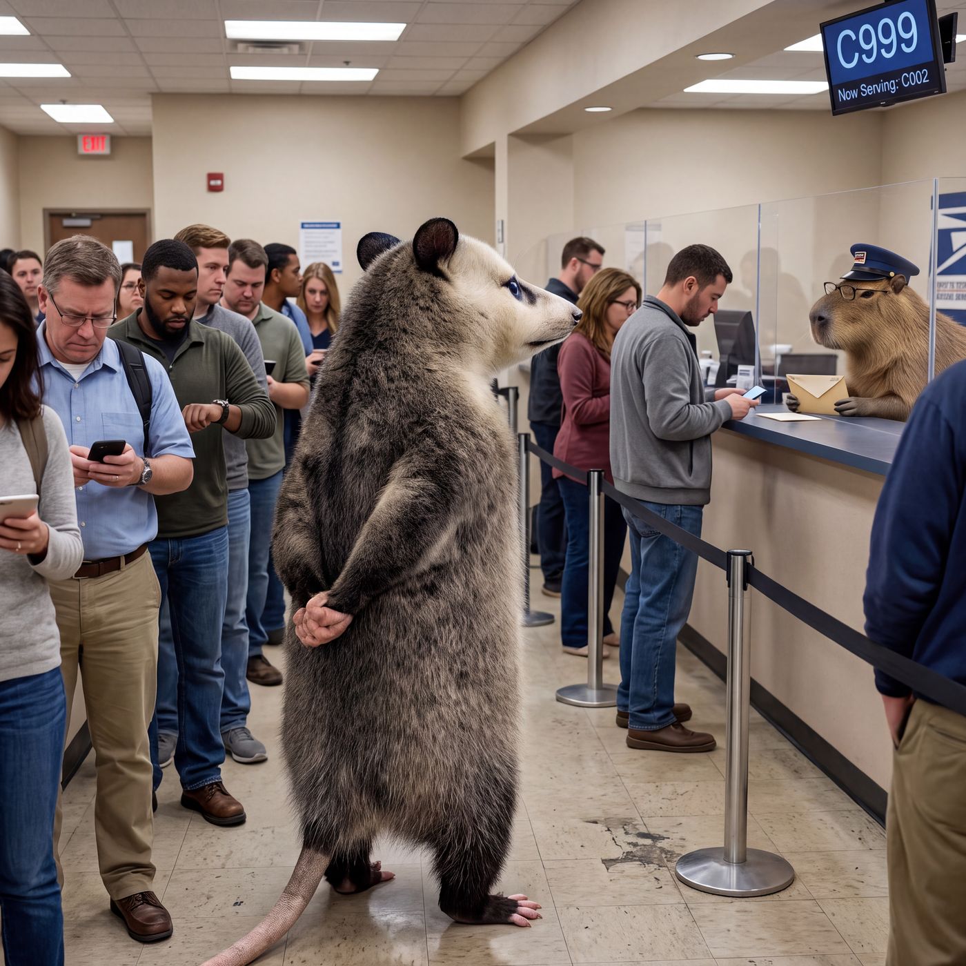 Giant opossum waiting in a queue