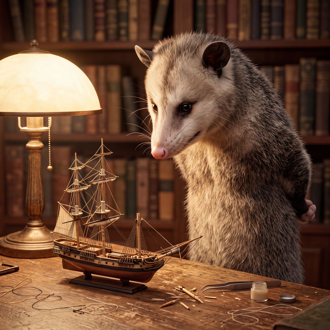 Opossum building a model ship
