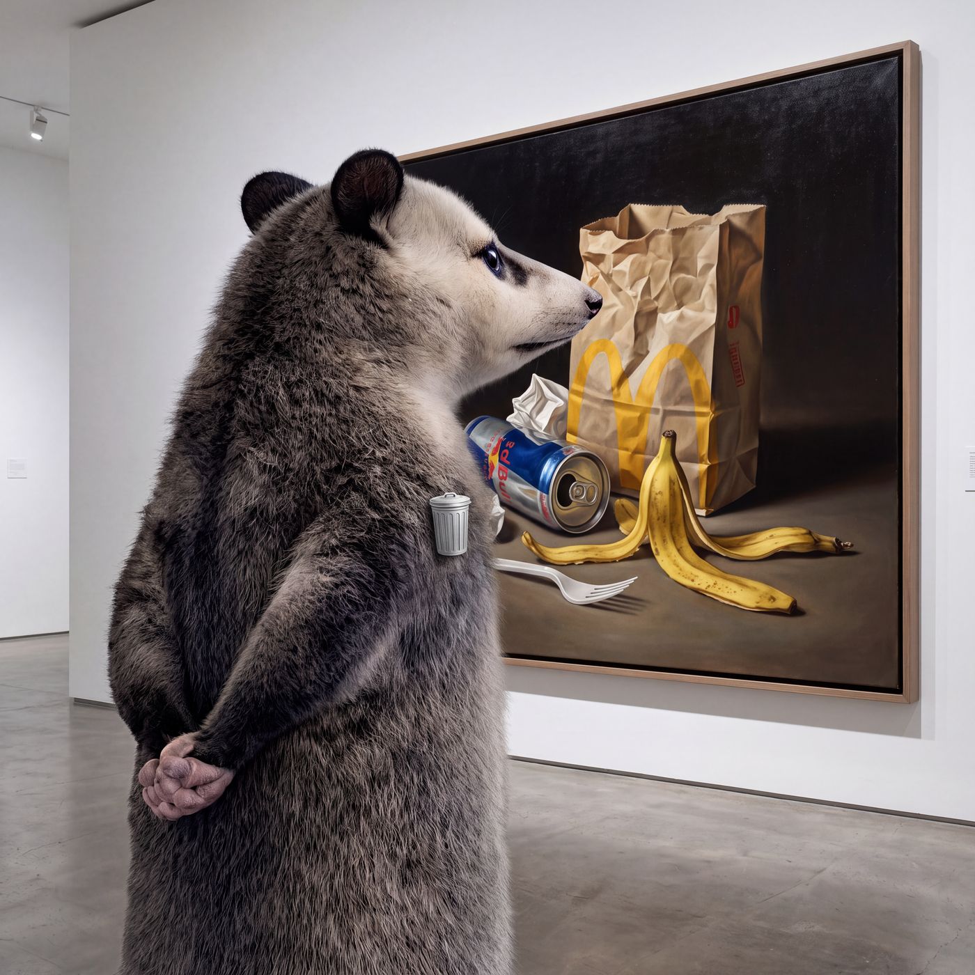 Opossum viewing a still life of rubbish