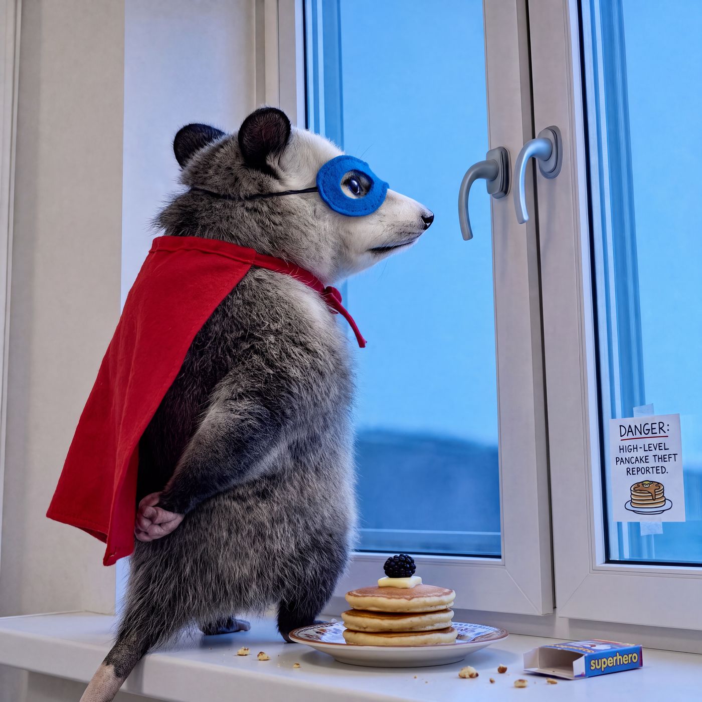 Opossum in a cape with a stack of pancakes